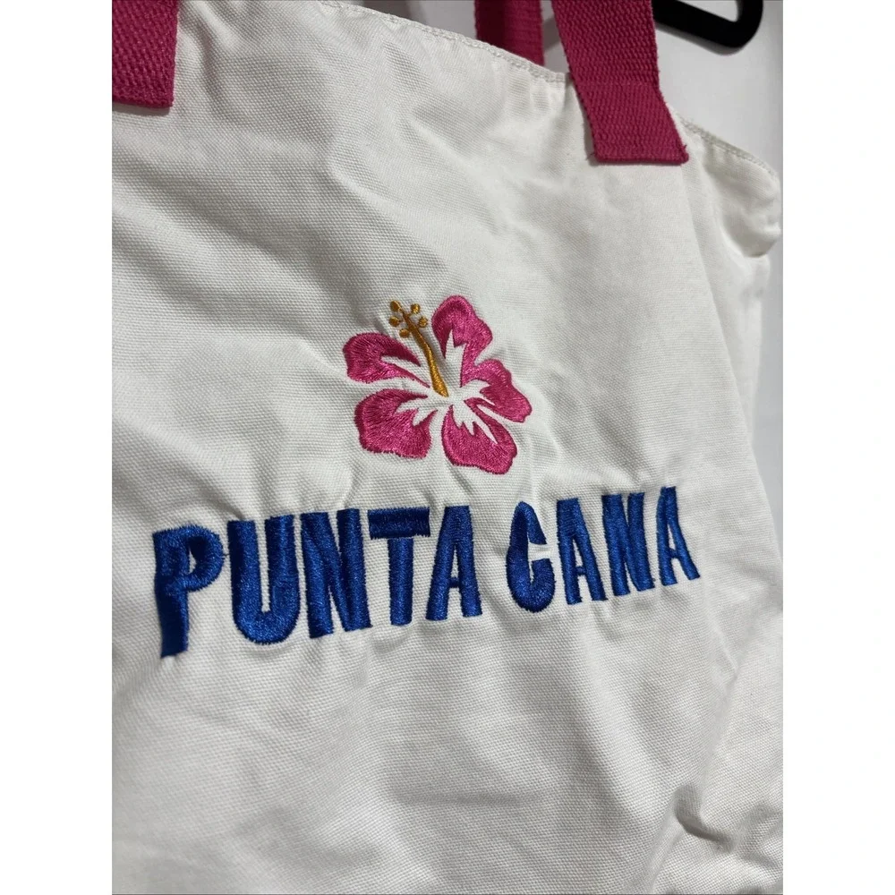 Punta Cana Tropical Canvas Beach‎ Bag Vacation Swim Travel Sunset White/Pink